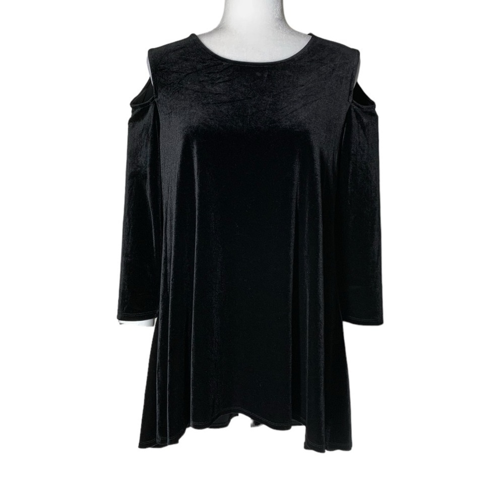 Black Cut out Shoulder Long sleeves Tunic Velvet Blouse